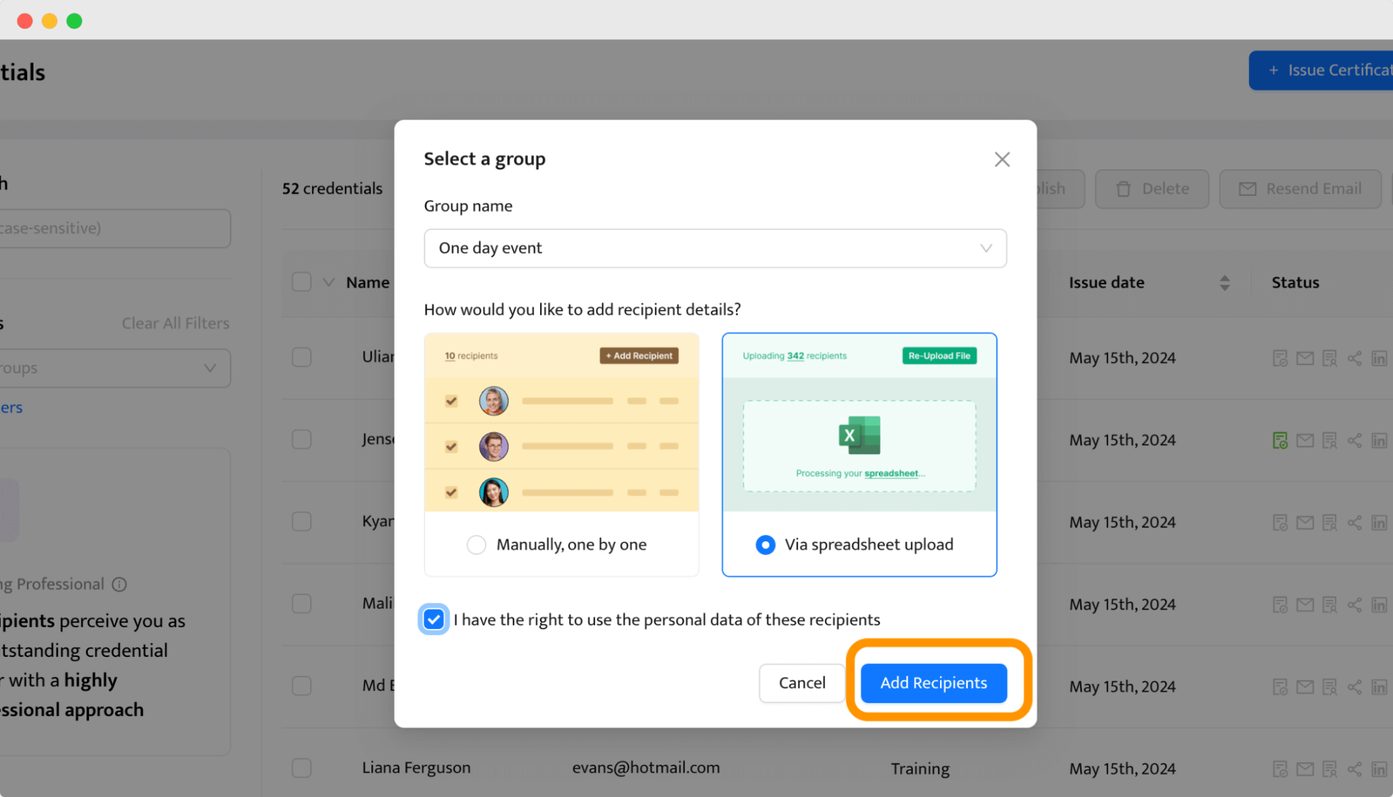 Adding recipient details to generate certificate of appreciation in bulk and automatically. Adding recipient details to generate certificate of appreciation in bulk and automatically.