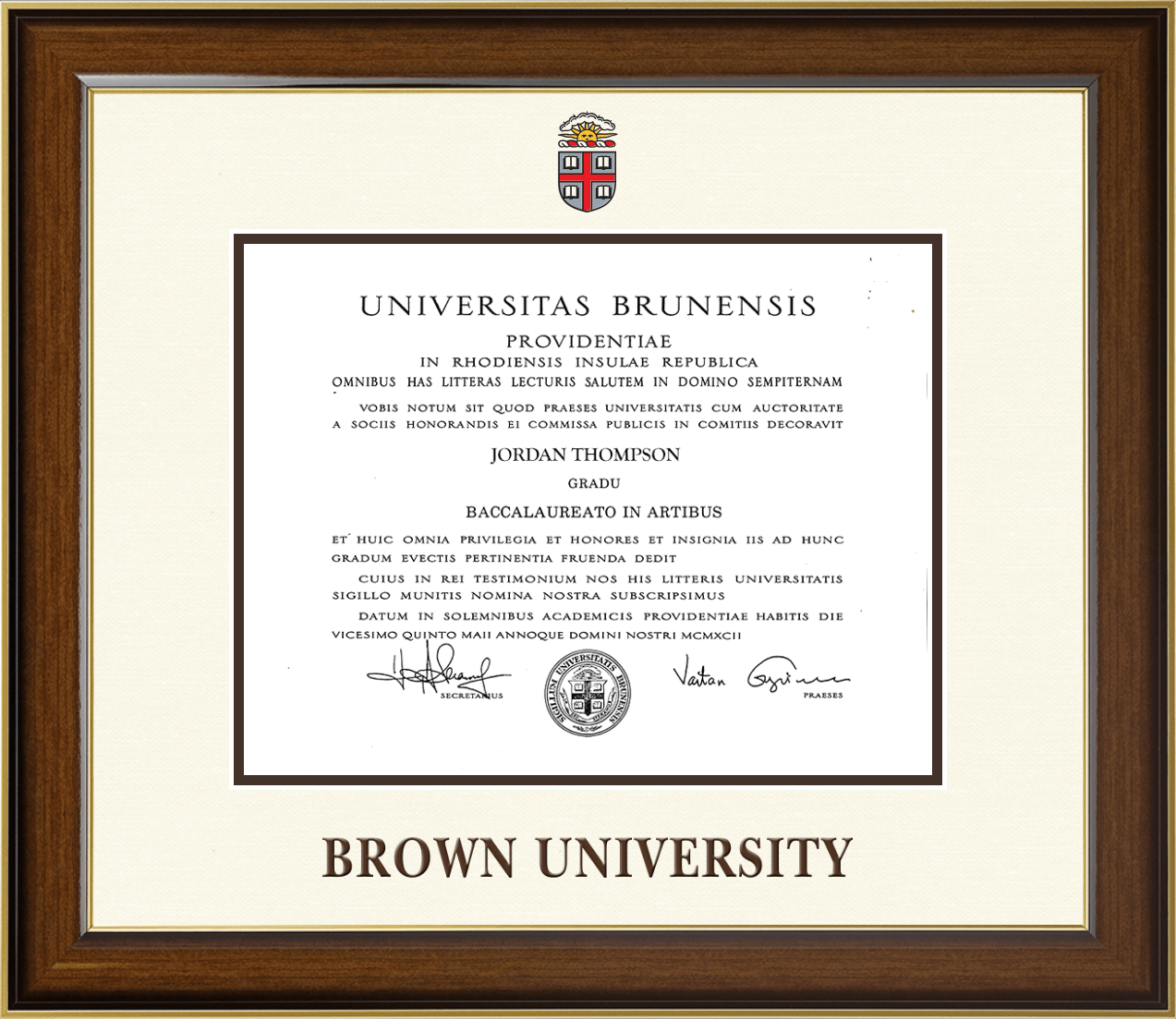 Brown Uni Diploma in a frame Brown Uni Diploma in a frame