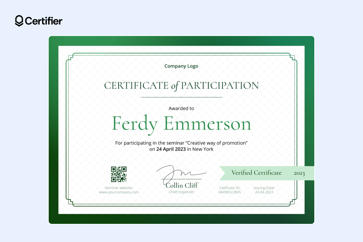 Green participation certificate for corporate events Green participation certificate for corporate events