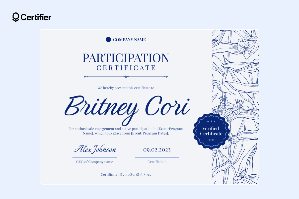 Floral light-blue certificate of participation template Floral light-blue certificate of participation template