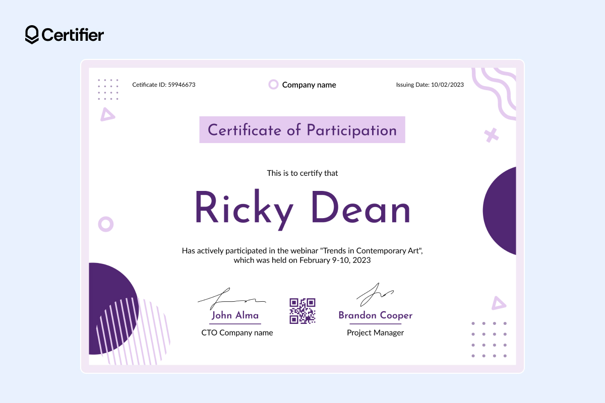 Artistic violet certificate of participation template Artistic violet certificate of participation template
