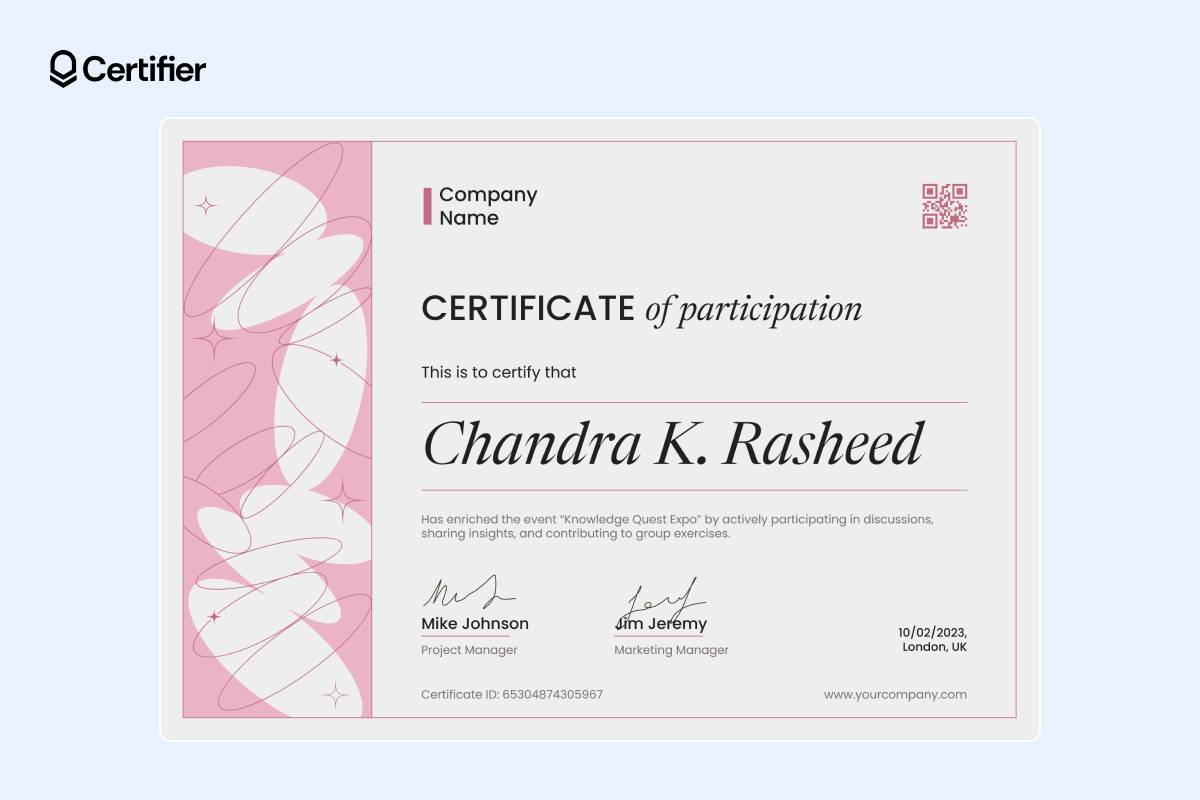 Participation certificate template with pink elements Participation certificate template with pink elements