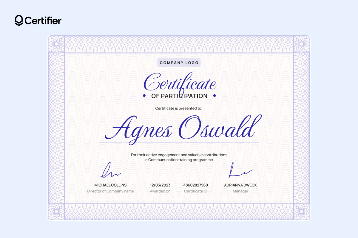 Light violet participation certificate template for innovative events Light violet participation certificate template for innovative events