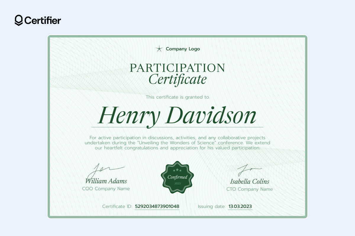 Green eco-friendly certificate of participation template Green eco-friendly certificate of participation template