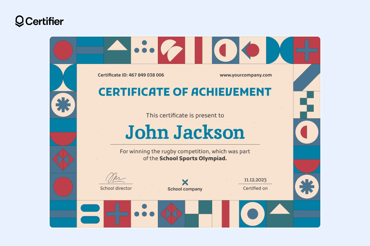 Geometric-patterned achievement certificate sample from a school sports event with a unique certificate ID Geometric-patterned achievement certificate sample from a school sports event with a unique certificate ID