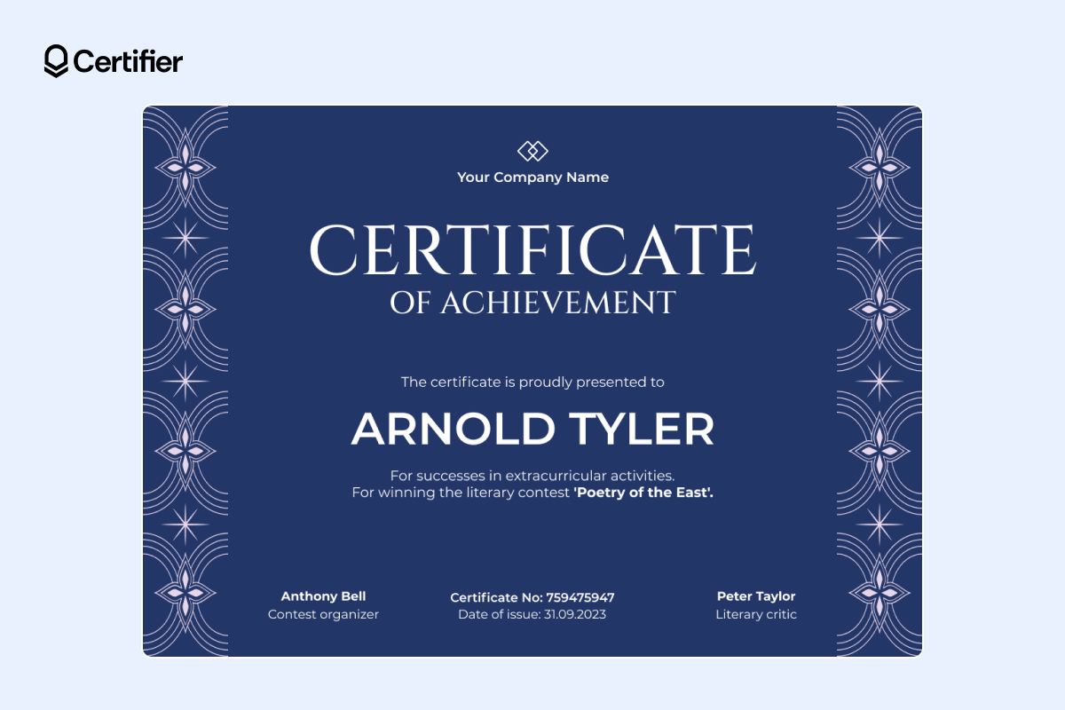 Dark blue, star-patterned achievement certificate template for extracurricular success, with space for contest details Dark blue, star-patterned achievement certificate template for extracurricular success, with space for contest details