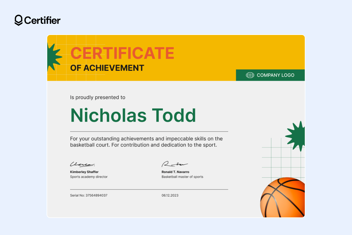 Basketball-themed achievement certificate template with signature lines for a director and sports master, featuring a placeholder for a company logo Basketball-themed achievement certificate template with signature lines for a director and sports master, featuring a placeholder for a company logo