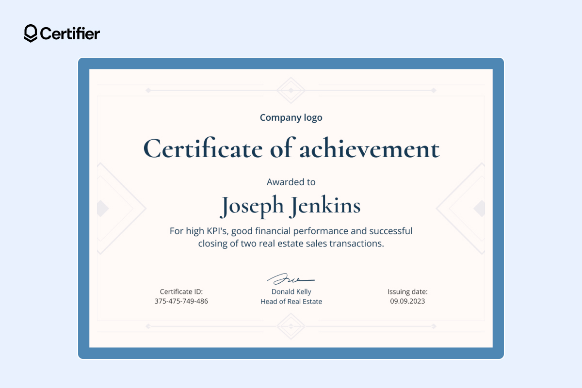Elegant free achievement award certificate template with placeholders for performance metrics and company logo Elegant free achievement award certificate template with placeholders for performance metrics and company logo