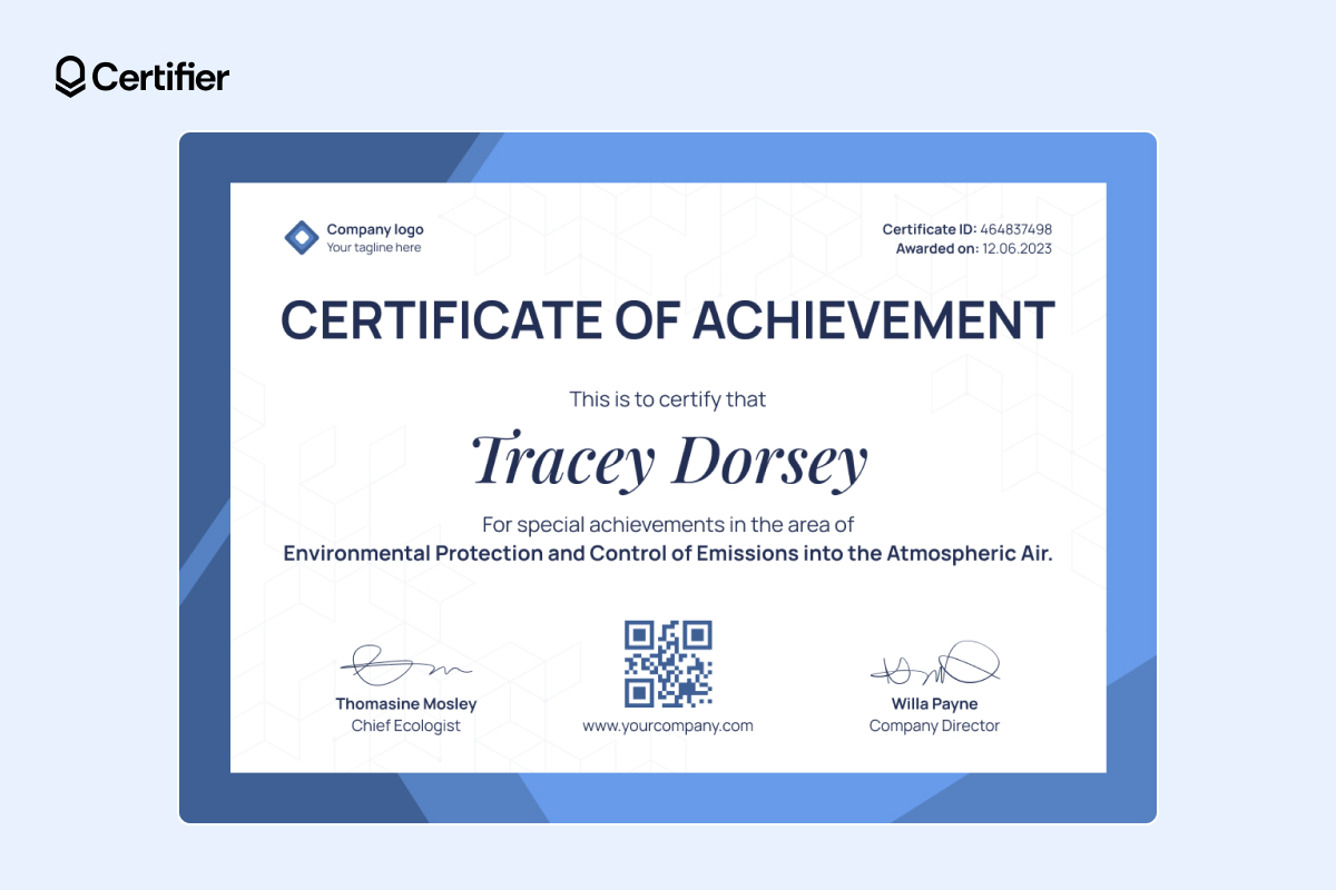 Professional certificate template recognizing environmental achievements, complete with QR code and placeholder for a company logo Professional certificate template recognizing environmental achievements, complete with QR code and placeholder for a company logo
