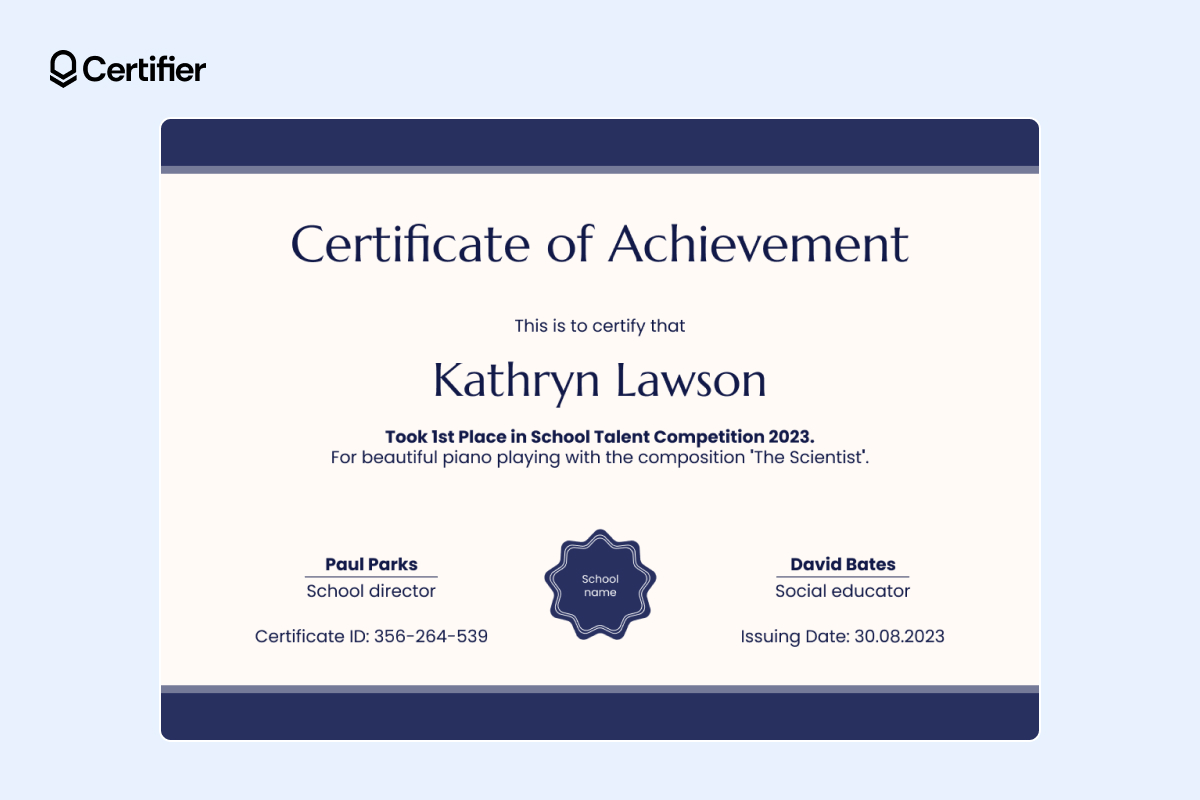 Certificate of achievement template for a school talent competition winner, with a classic design and signature fields Certificate of achievement template for a school talent competition winner, with a classic design and signature fields