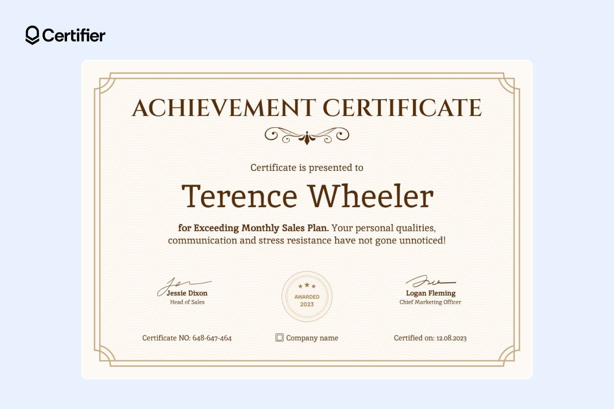 Achievement certificate template with ornate border for exceeding monthly goals, including a section for personal commendation Achievement certificate template with ornate border for exceeding monthly goals, including a section for personal commendation