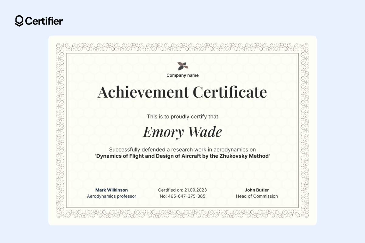 Elegant academic achievement certificate template that includes intricate borders and a classic typeface Elegant academic achievement certificate template that includes intricate borders and a classic typeface