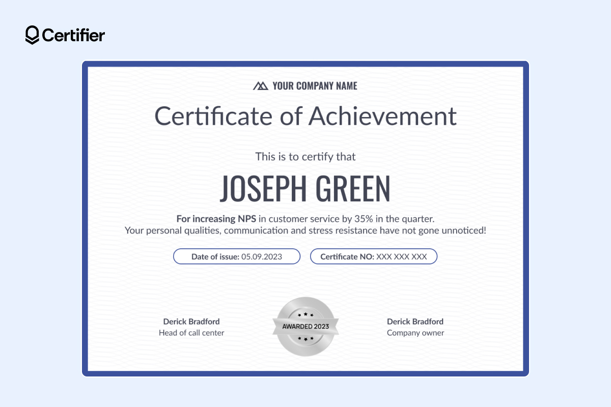 Customer service achievement certificate template in blue tones with a silver star badge Customer service achievement certificate template in blue tones with a silver star badge