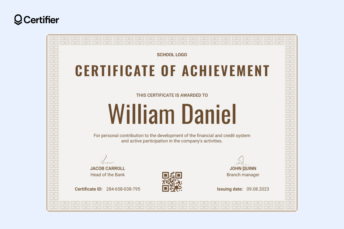 Corporate financial achievement certificate template with QR code and placeholders for the institution's logo and signatures Corporate financial achievement certificate template with QR code and placeholders for the institution's logo and signatures