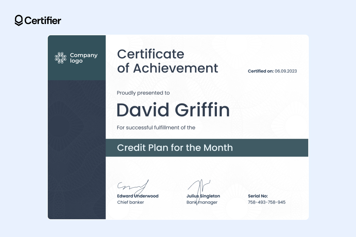 Dark blue and white credit plan achievement certificate template with modern design elements Dark blue and white credit plan achievement certificate template with modern design elements