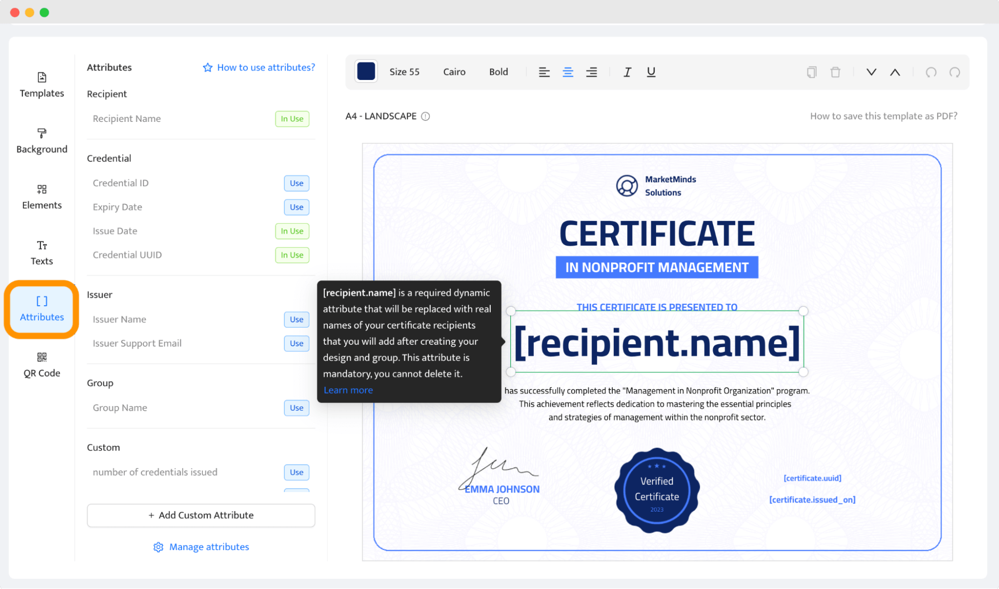 Adding dynamic attributes to the certification template pdf. Adding dynamic attributes to the certification template pdf.