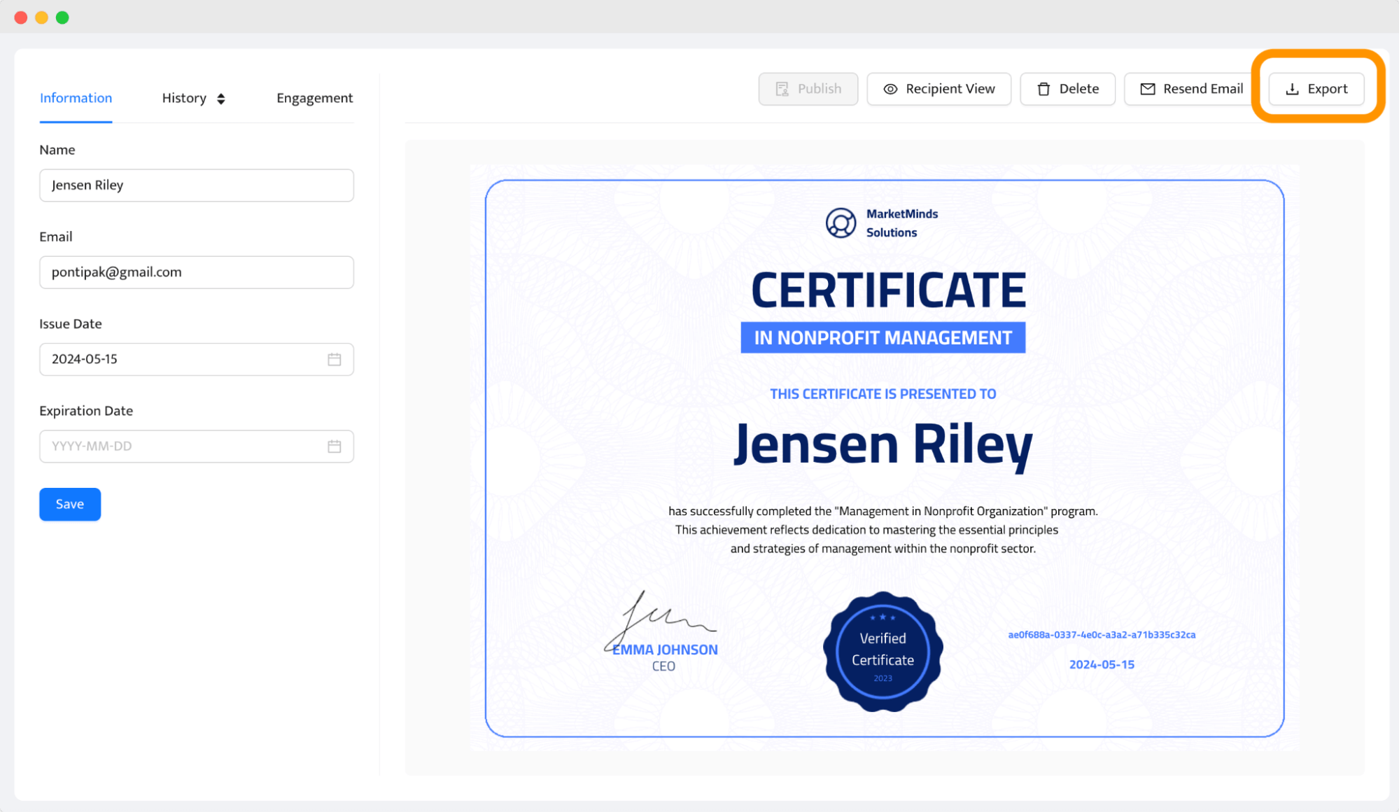 Exporting the PDF certificate template from the Certifier dashboard. Exporting the PDF certificate template from the Certifier dashboard.