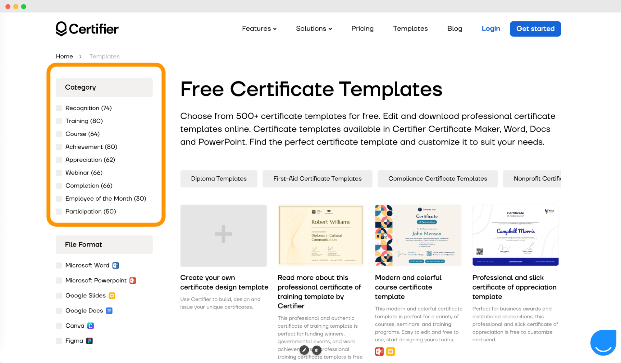 Filtering the PDF certificate templates library through categories. Filtering the PDF certificate templates library through categories.