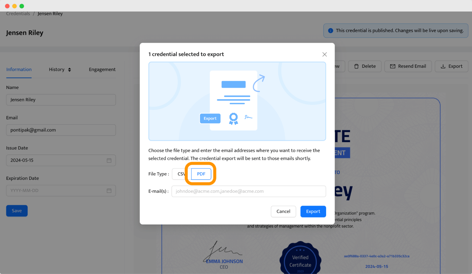 Downloading PDF certification template within the Certifier builder. Downloading PDF certification template within the Certifier builder.