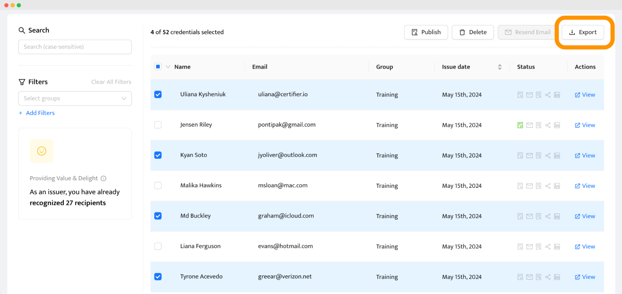 Checking the chosen certificates to export PDF certification formats in bulk. Checking the chosen certificates to export PDF certification formats in bulk.