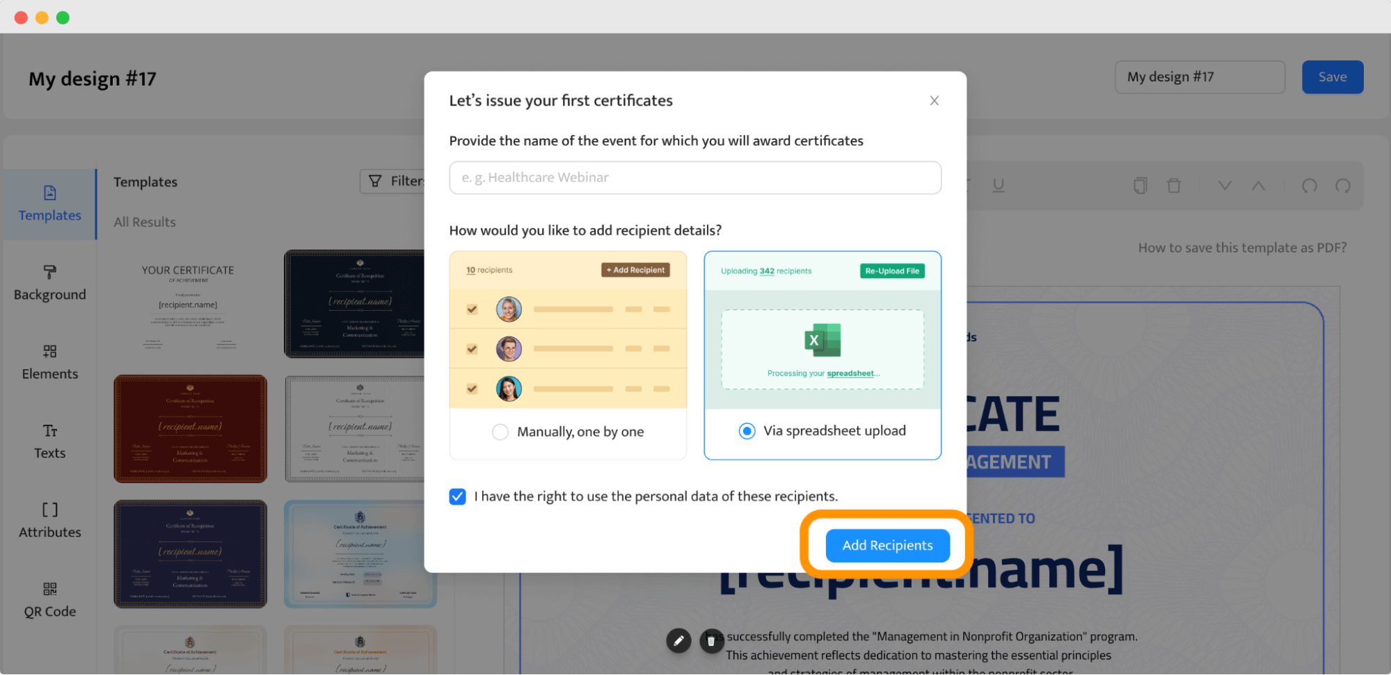 Uploading recipient data to create training certificate format pdf in bulk. Uploading recipient data to create training certificate format pdf in bulk.