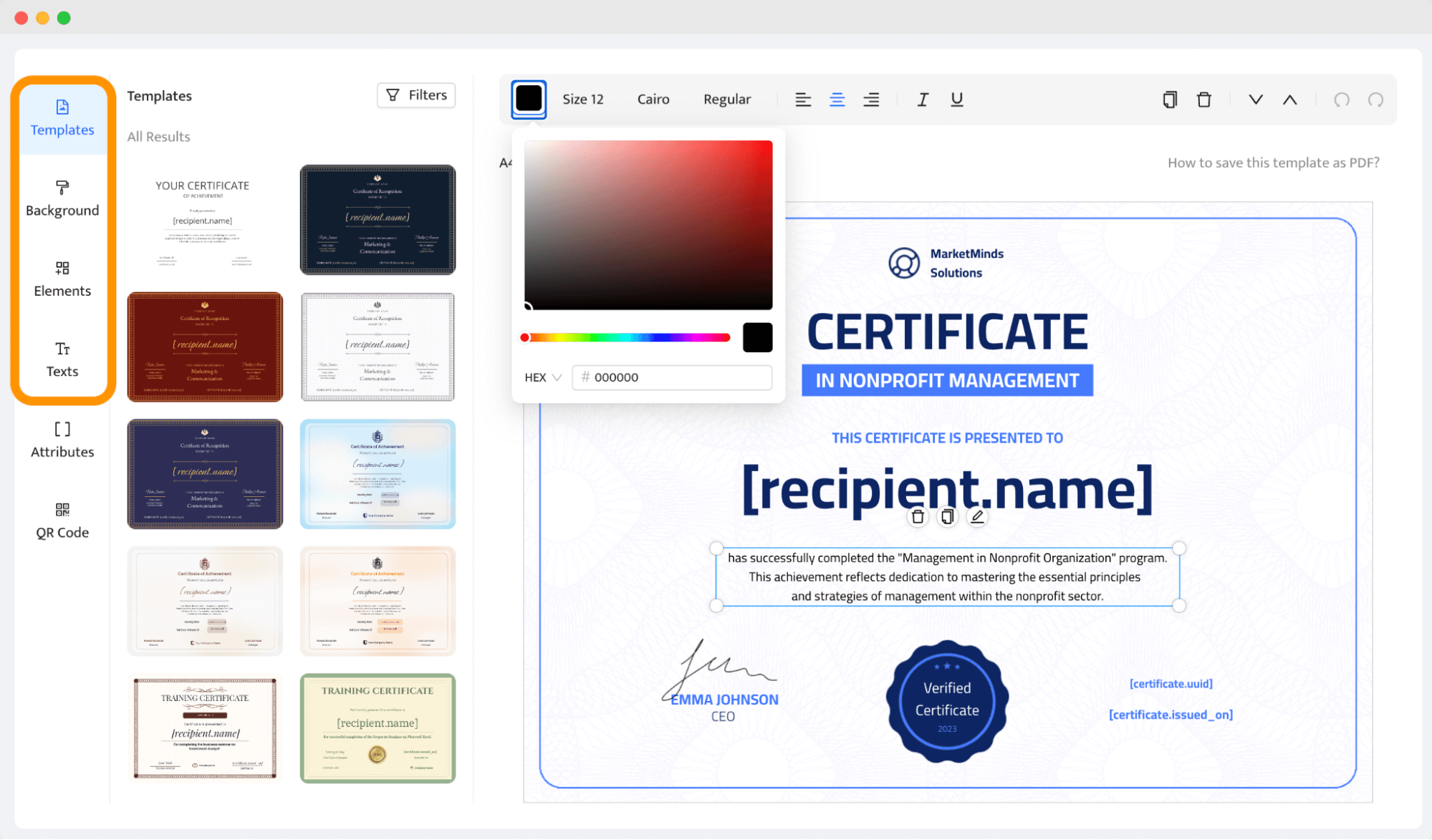 Adjusting the certification template pdf within the Certifier editor. Adjusting the certification template pdf within the Certifier editor.