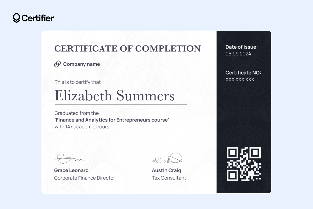 Monochrome certificate of training completion template with QR code and abstract elements, ready for free editing and download in word format Monochrome certificate of training completion template with QR code and abstract elements, ready for free editing and download in word format