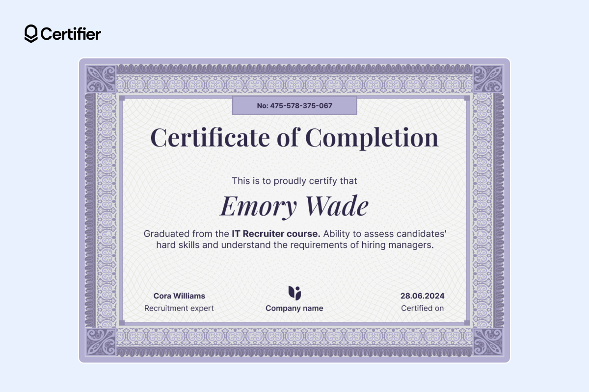 Purple swirl-patterned certificate of completion template free download with signature spaces Purple swirl-patterned certificate of completion template free download with signature spaces