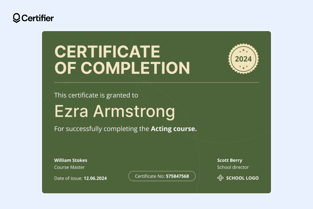Dark green certificate of completion free template with a classic design and emblem, suitable for acting courses and similar training programs Dark green certificate of completion free template with a classic design and emblem, suitable for acting courses and similar training programs