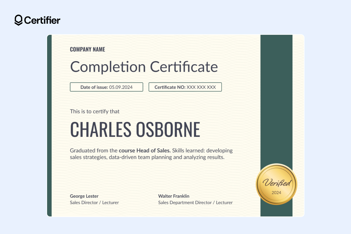 Green textured training completion certificate template with golden seal and signature lines Green textured training completion certificate template with golden seal and signature lines
