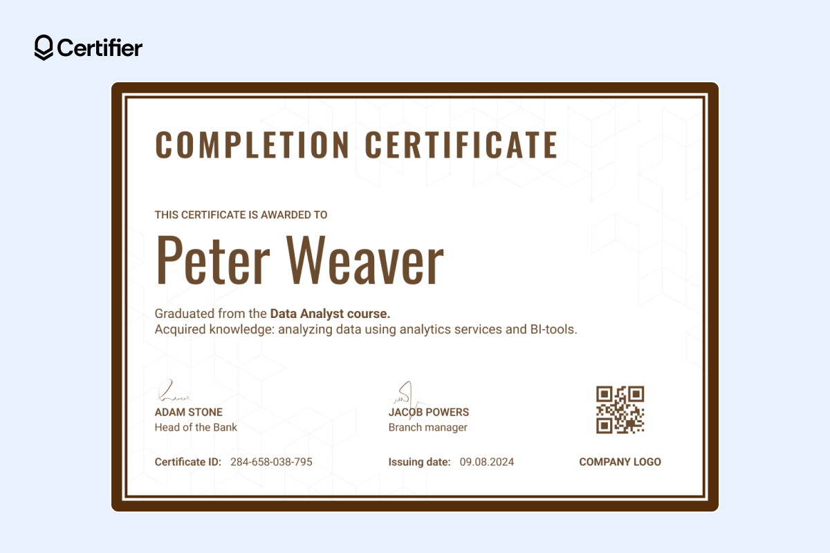 Brown-bordered editable certificate of completion template free download word with QR code Brown-bordered editable certificate of completion template free download word with QR code