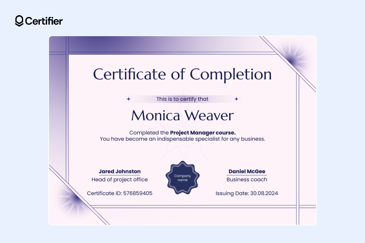 Violet gradient certificate of completion template free with starburst design and ornate seal Violet gradient certificate of completion template free with starburst design and ornate seal