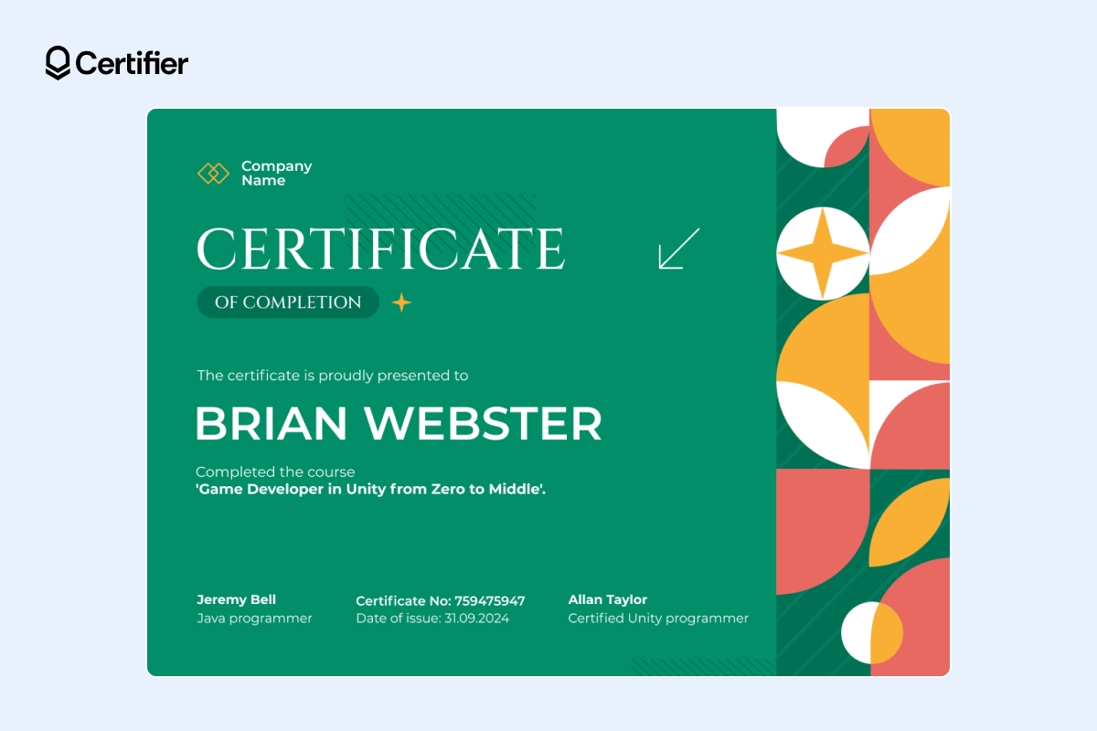 Green and orange geometric certificate of completion free template with signature fields Green and orange geometric certificate of completion free template with signature fields