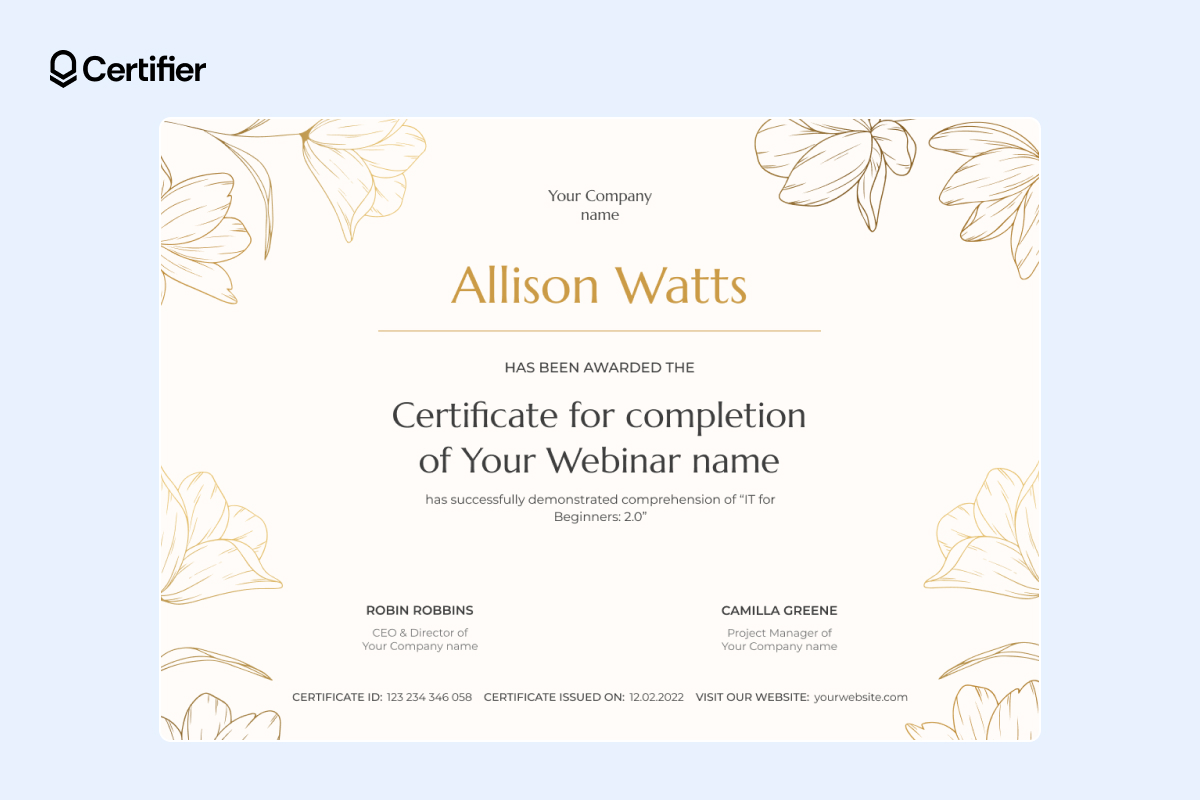 Elegant floral-themed certificate of completion template free download, with QR code and signature lines, ideal for webinar completion acknowledgment Elegant floral-themed certificate of completion template free download, with QR code and signature lines, ideal for webinar completion acknowledgment