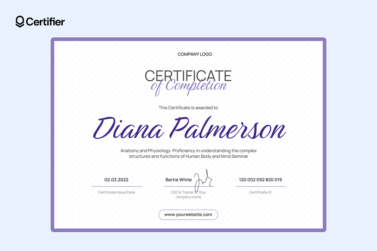 Purple and white certificate of completion word template featuring a geometric background pattern, customizable for corporate training programs Purple and white certificate of completion word template featuring a geometric background pattern, customizable for corporate training programs