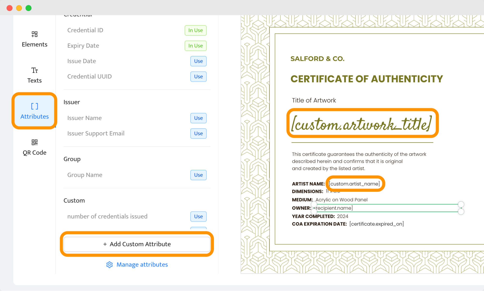 Dynamic attributes within the certificate of authenticity to create certificates in bulk. Dynamic attributes within the certificate of authenticity to create certificates in bulk.