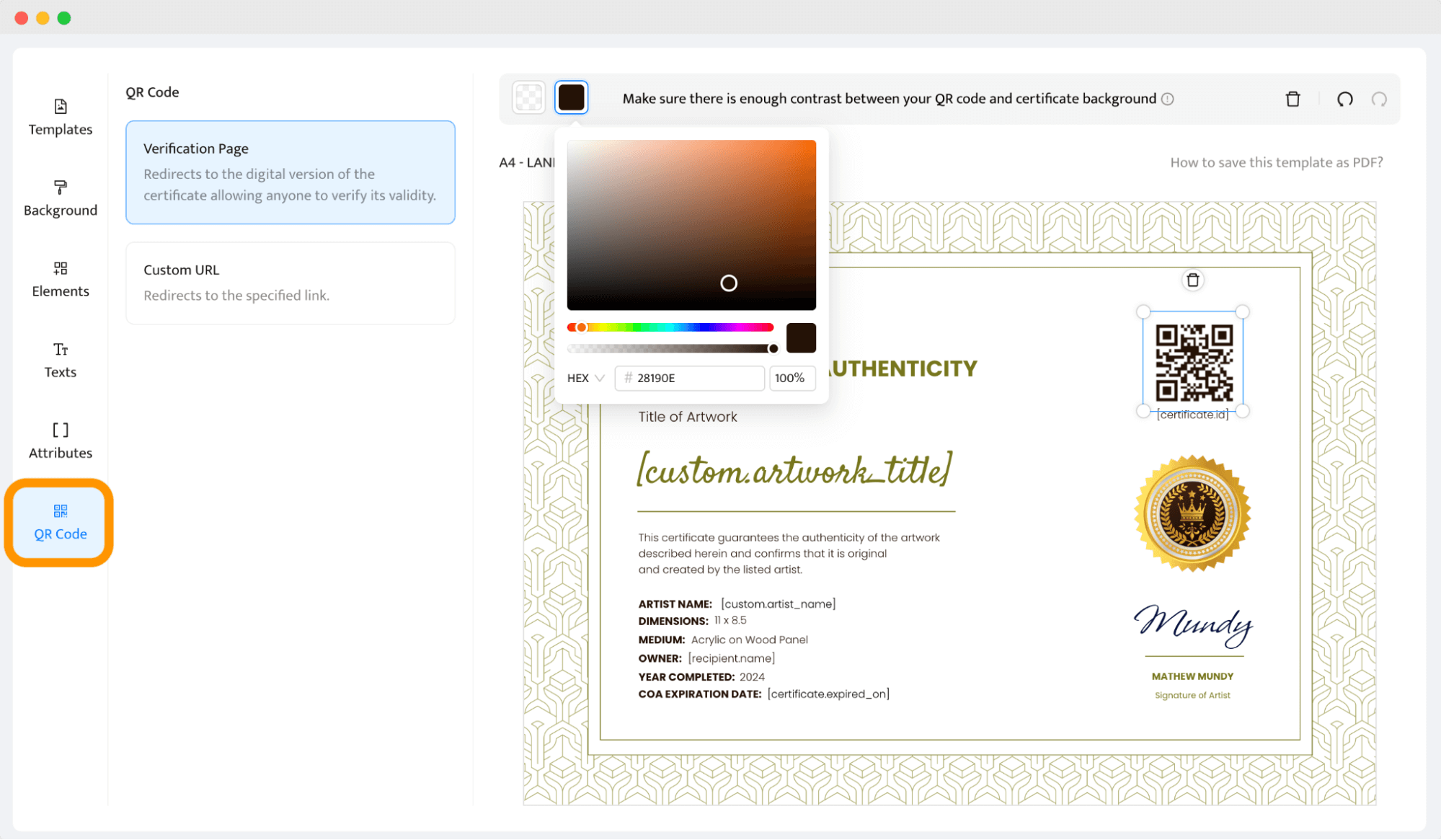 Adding a QR code to make a certificate of authenticity that is secure and verifable. Adding a QR code to make a certificate of authenticity that is secure and verifable.