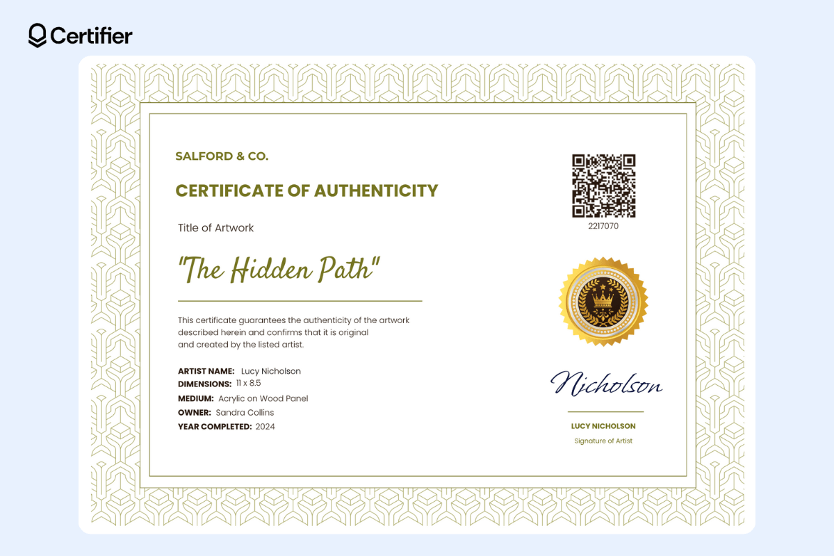 Certificate of authenticity template with a QR code and all vital elements for artists. Certificate of authenticity template with a QR code and all vital elements for artists.