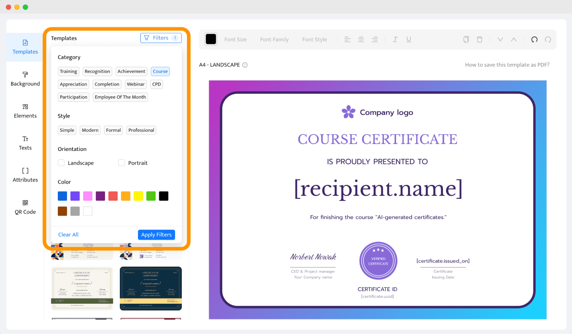 Choosing the templates and filtering the options within the Certifier tool. Choosing the templates and filtering the options within the Certifier tool.