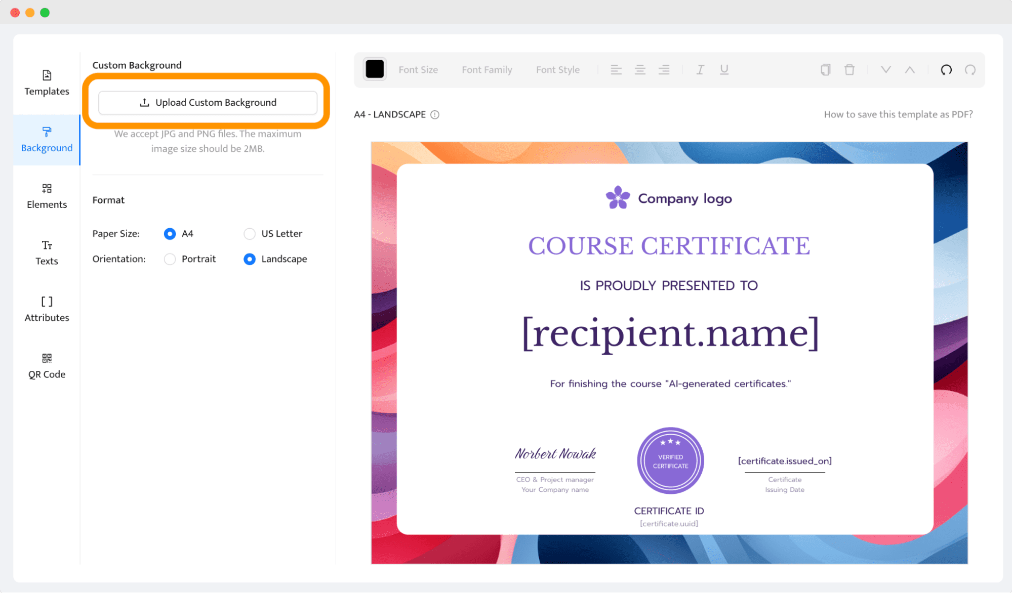 Uploading the AI certificate design to the Certifier certificate editor. Uploading the AI certificate design to the Certifier certificate editor.