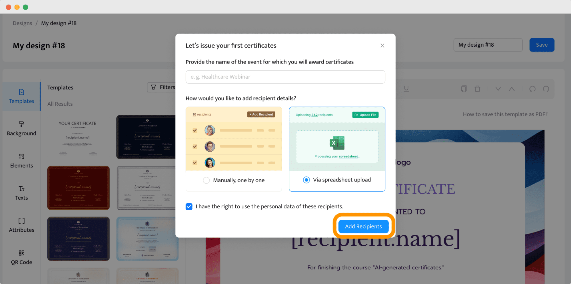 Uploading the recipients' data to generate certificates in bulk. Uploading the recipients' data to generate certificates in bulk.