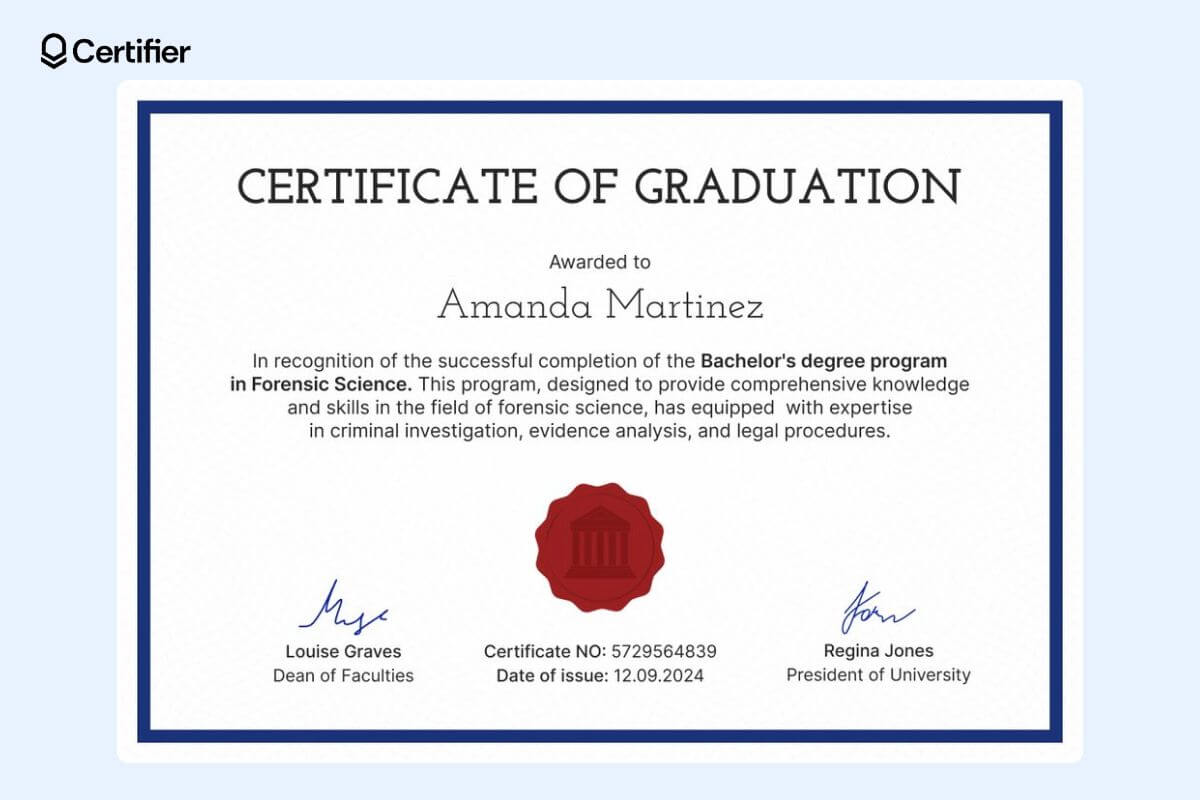 White and blue certificate of graduation template with red badge at the center and dedicated space for achievement details. White and blue certificate of graduation template with red badge at the center and dedicated space for achievement details.