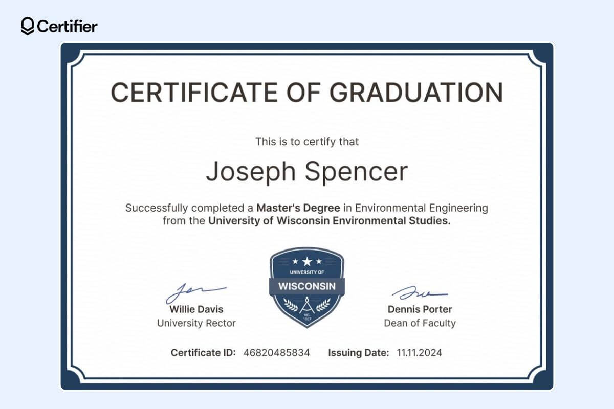 Simple blue-bordered certificate of graduation template with signatures and dedicated space for certificate ID and issuing date. Simple blue-bordered certificate of graduation template with signatures and dedicated space for certificate ID and issuing date.