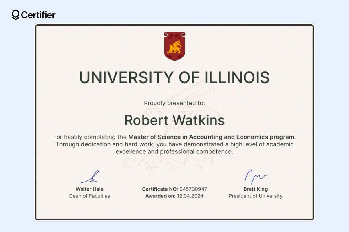 Classic university of Illinois free graduation certificate template with red logo at the top and subtle decorative elements in the background. Classic university of Illinois free graduation certificate template with red logo at the top and subtle decorative elements in the background.