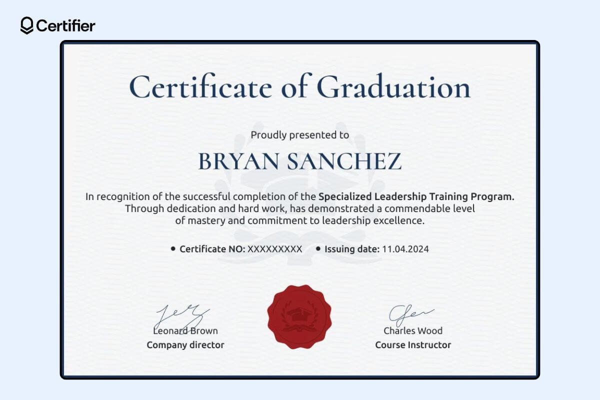 Plain and formal blue certificate of graduation template with red badge and place for signatures and degree details. Plain and formal blue certificate of graduation template with red badge and place for signatures and degree details.