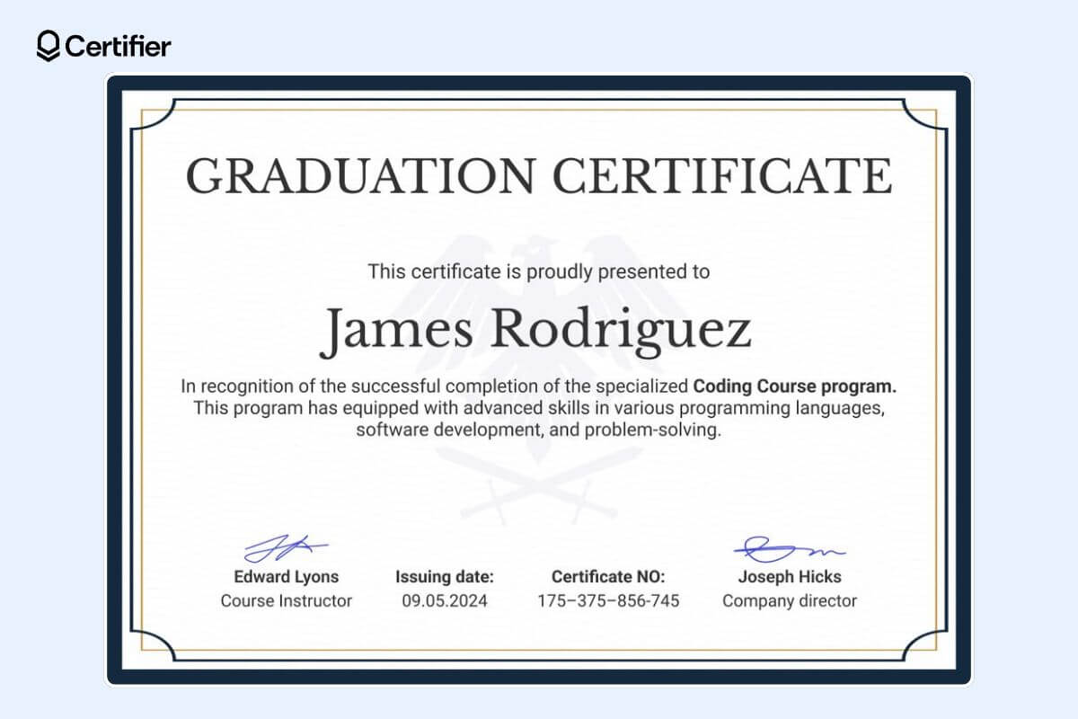 Minimalistic dark navy graduation certificate template with borders and transparent logo in the certificate background. Minimalistic dark navy graduation certificate template with borders and transparent logo in the certificate background.