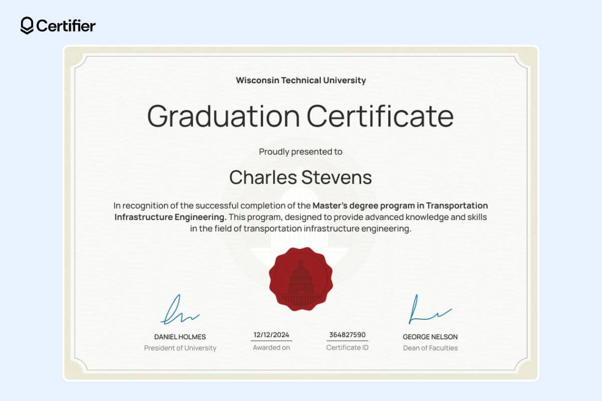 Simple brown graduation certificate template editable with red badge at the center and signatures at the bottom. Simple brown graduation certificate template editable with red badge at the center and signatures at the bottom.