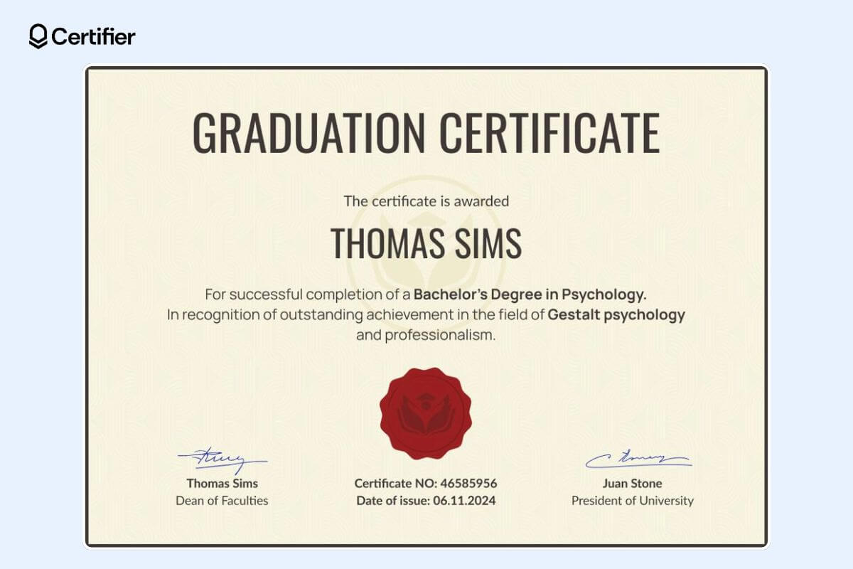 Vintage-style brown free graduation certificate template with red badge at the center and dedicated space for certificate ID and date of issue. Vintage-style brown free graduation certificate template with red badge at the center and dedicated space for certificate ID and date of issue.