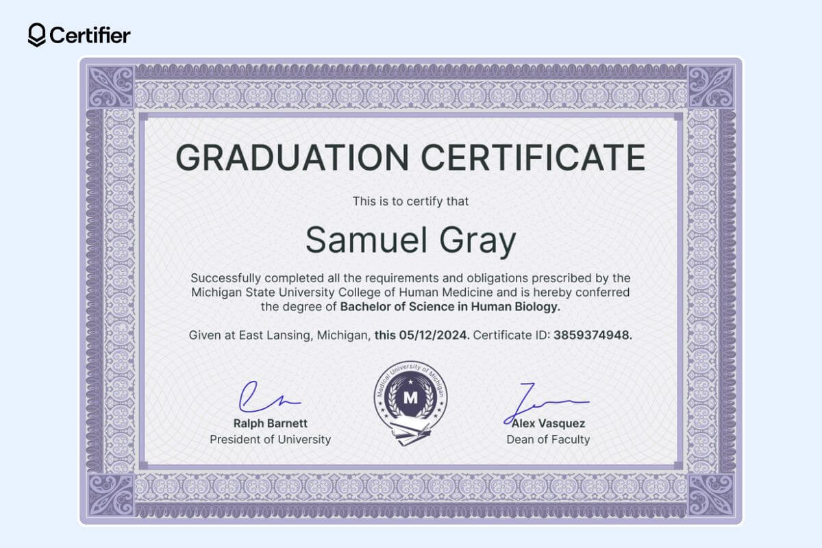 Violet ornate free graduation certificate template with decorative borders and badge at the center. Violet ornate free graduation certificate template with decorative borders and badge at the center.