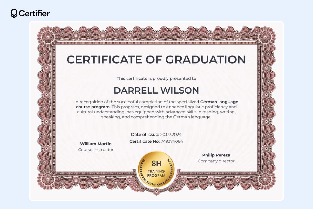 Wide-bordered elaborate certificate of graduation template with golden badge at the center. Wide-bordered elaborate certificate of graduation template with golden badge at the center.